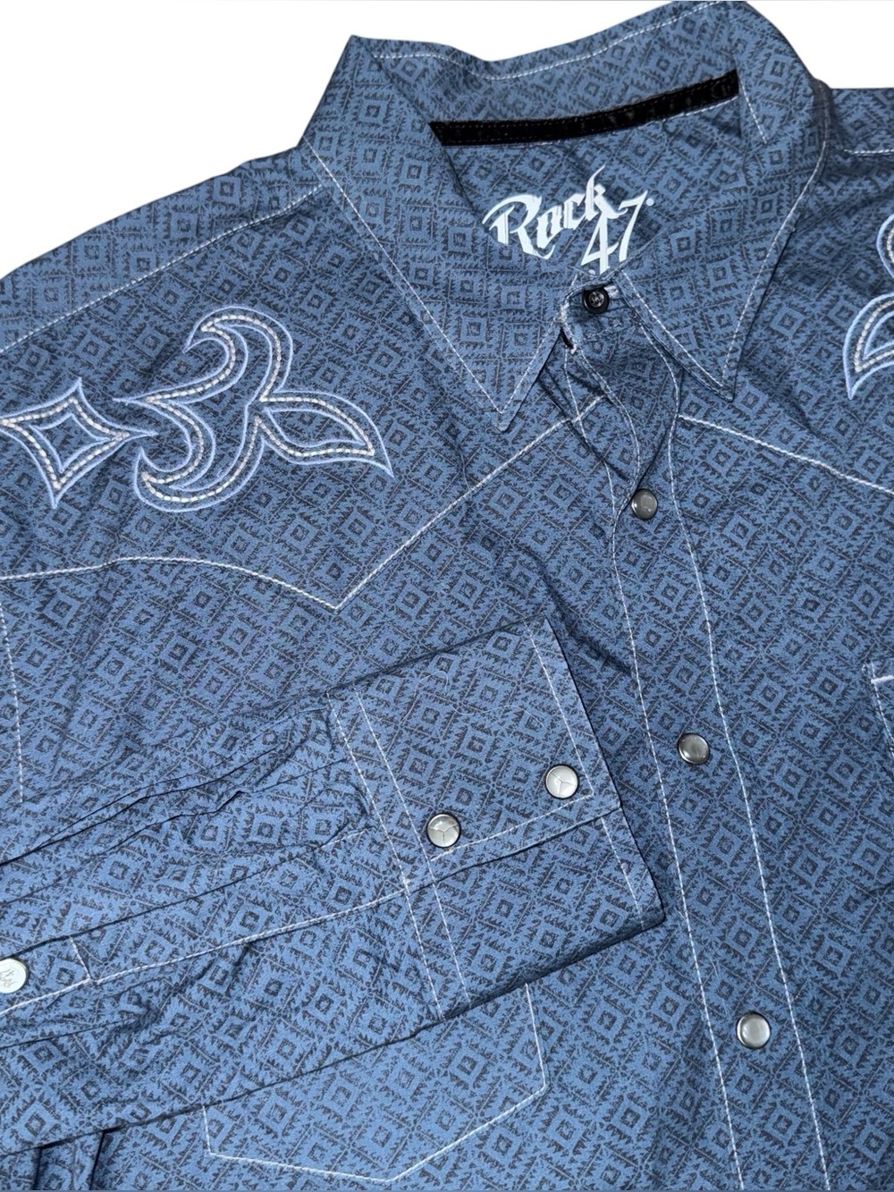 Rock 47 Wrangler Blue Black Western Aztec Pearl Snap Front Shirt embroidered XL
